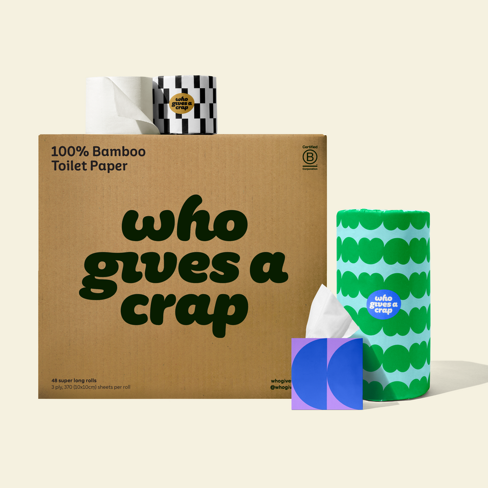 Bundle of Who Gives a Crap products with bamboo toilet paper, paper towel and tissues around a shipper box.