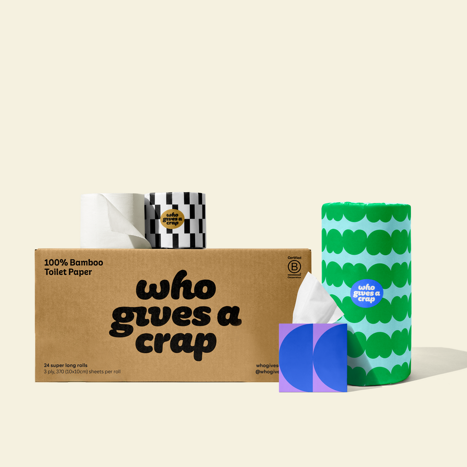 Bundle of Who Gives a Crap products with bamboo toilet paper, paper towel and tissues around a shipper box.