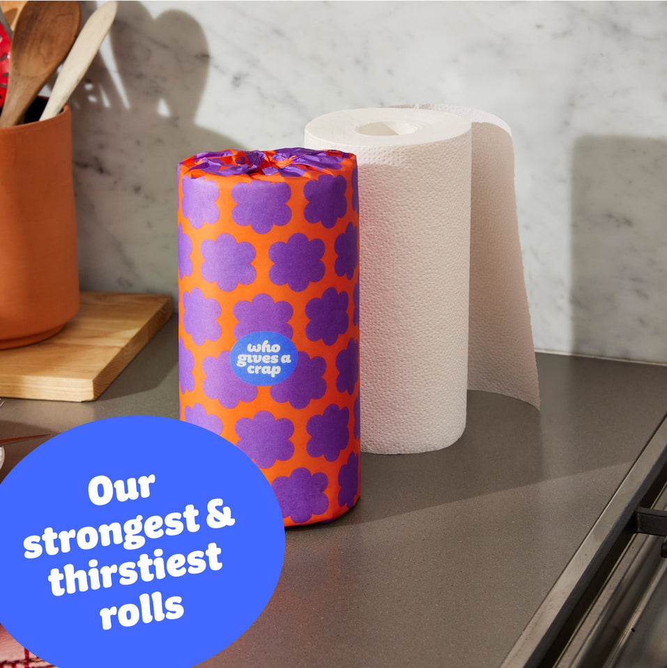 Single roll of Who Gives a Crap kitchen roll on kitchen bench with sticker that says our strongest and thirstiest rolls