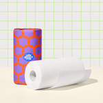 Two rolls of Who Gives a Crap paper towel against green and white background