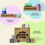 Visualisation of bundle inclusions calling out the bundle comes with 48 rolls of toilet paper, 6 rolls of paper towel and 12 boxes of tissues.