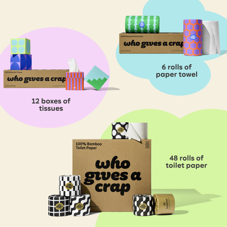 Visualisation of bundle inclusions calling out the bundle comes with 48 rolls of toilet paper, 6 rolls of paper towel and 12 boxes of tissues.