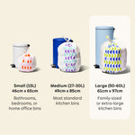 Visualisation of the three bin bag sizes available. Small (15L) is 46cm x 65cm and perfect for bathrooms, bedrooms or home office bins. Medium (27-30L) is 49cm x 85cm and fits most standard kitchen bins. Highlighted large (50-60L) is 61cm x 97cm and is best for family-sized or extra large kitchen bins.