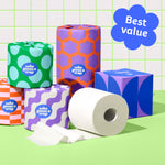 Bundle of Who Gives a Crap products with recycled toilet paper, paper towel and tissues against green and white background. Caption in corner calls out that it is ‘Best value’.