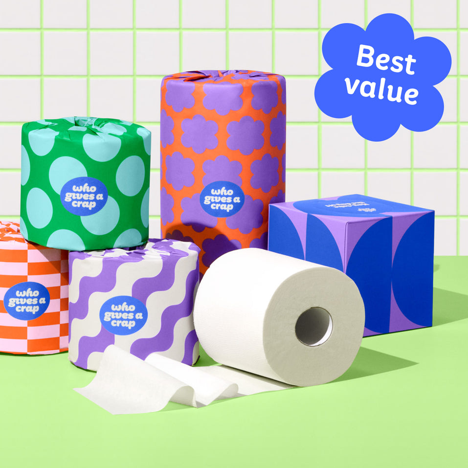 Bundle of Who Gives a Crap products with recycled toilet paper, paper towel and tissues against green and white background. Caption in corner calls out that it is ‘Best value’.