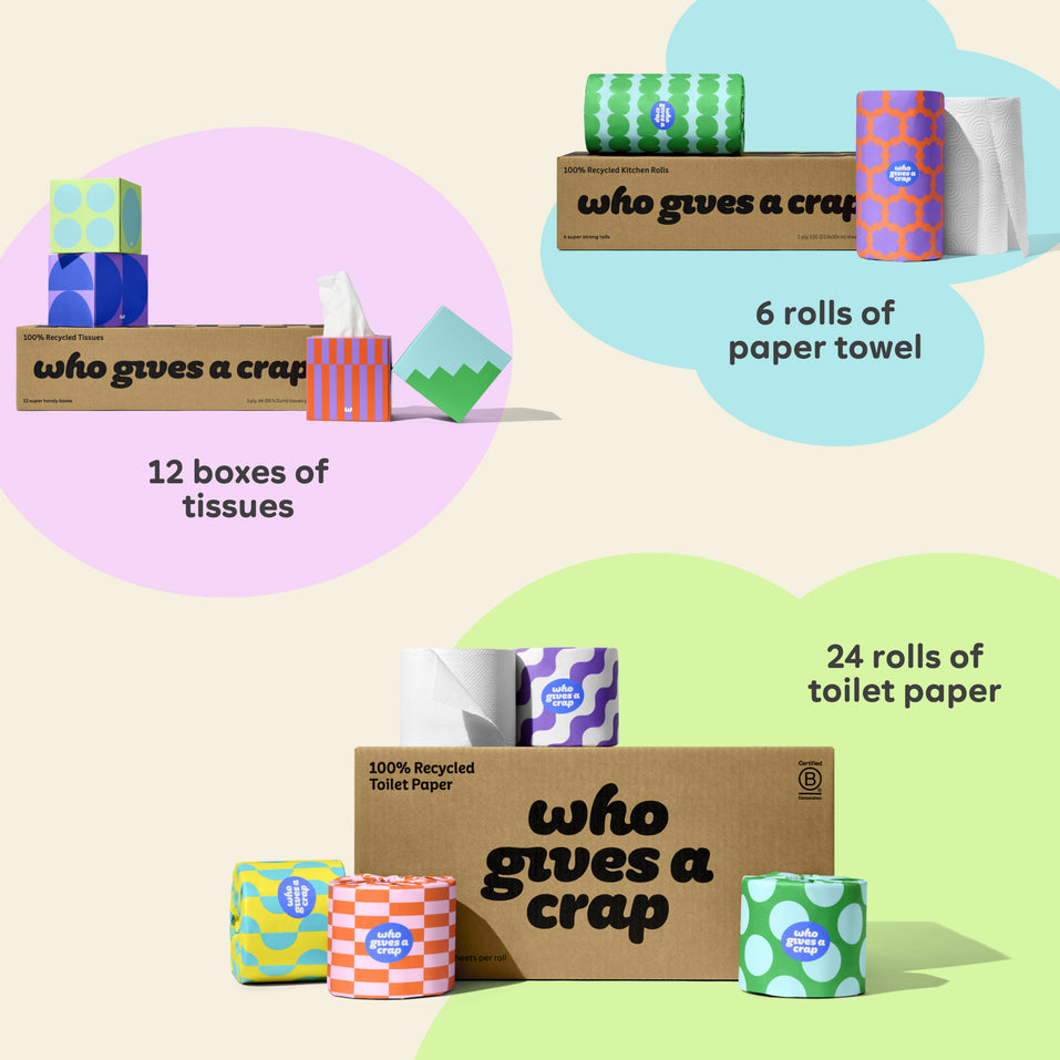 Visualisation of bundle inclusions calling out the bundle comes with 24 rolls of toilet paper, 6 rolls of paper towel and 12 boxes of tissues.