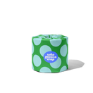 Singular toilet paper roll in a polka dot wrapper