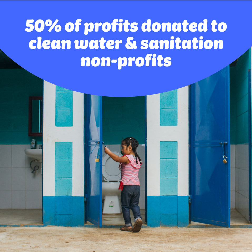 Image of a young child opening door to bathroom cubicle from Who Gives A Crap’s partner Water for People. Who Gives A Crap donated 50% of profits to clean water & sanitation non-profits.