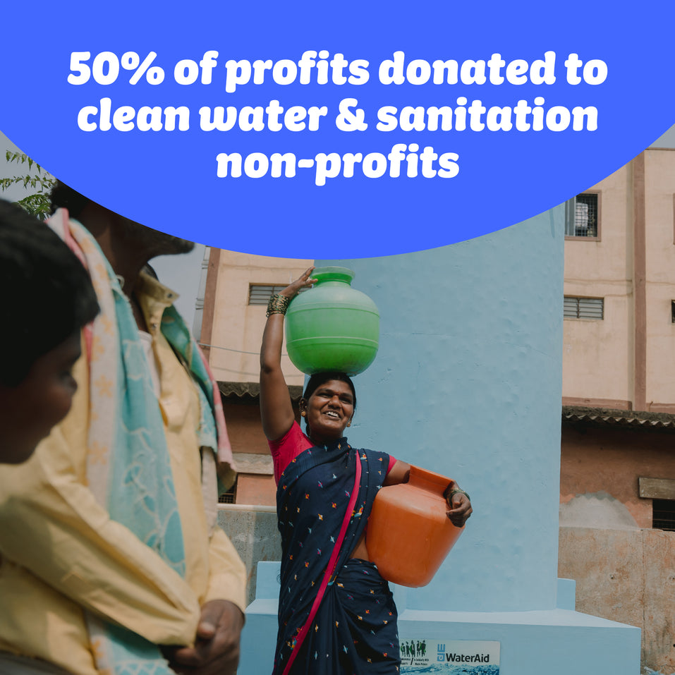 Walking woman carries containers of water on head and hip and smiles. Image by WaterAid (Abhijit). Who Gives A Crap donated 50% of profits to clean water & sanitation non-profits.