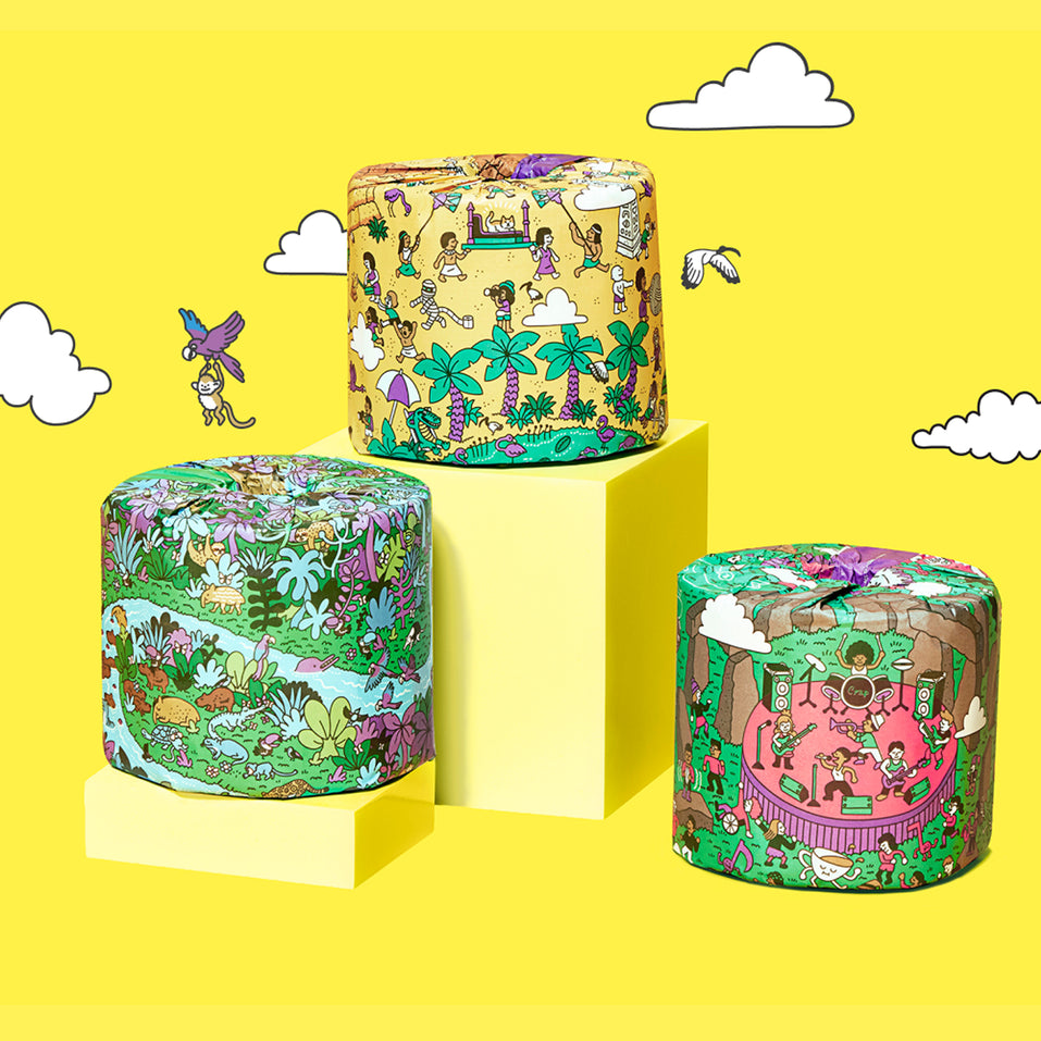 Three colourful wrapped toilet paper rolls with cartoon designs on a yellow background with cloud shapes.