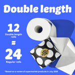 Graphic with blue background showing a toilet paper roll and black-and-white polka dot Who Gives A Crap packaging. Text reads: “12 double length rolls = 24 Regular Rolls.” Small text at the bottom says: “Based on a review of supermarket products in July 2025”