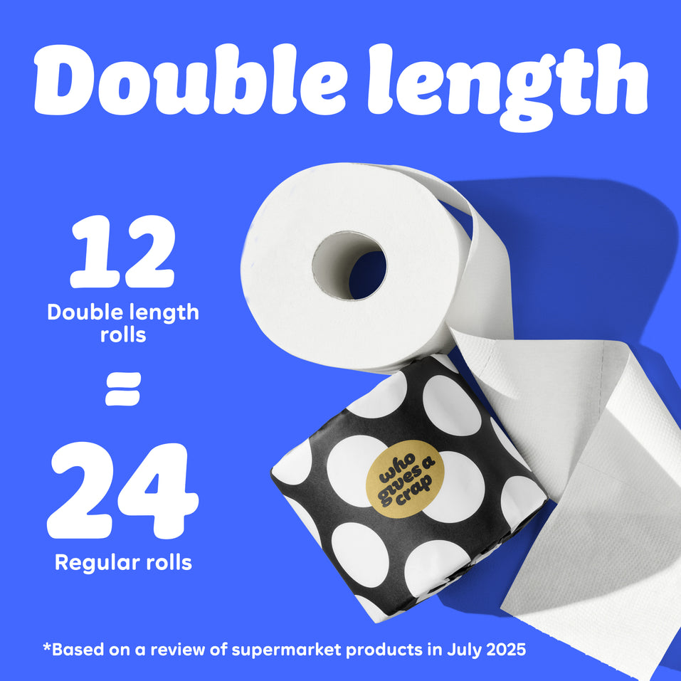 Graphic with blue background showing a toilet paper roll and black-and-white polka dot Who Gives A Crap packaging. Text reads: “12 double length rolls = 24 Regular Rolls.” Small text at the bottom says: “Based on a review of supermarket products in July 2025”