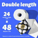 Graphic with blue background showing a toilet paper roll and black-and-white polka dot Who Gives A Crap packaging. Text reads: “24 double length rolls = 48 Regular Rolls.” Small text at the bottom says: “Based on a review of supermarket products in July 2025”