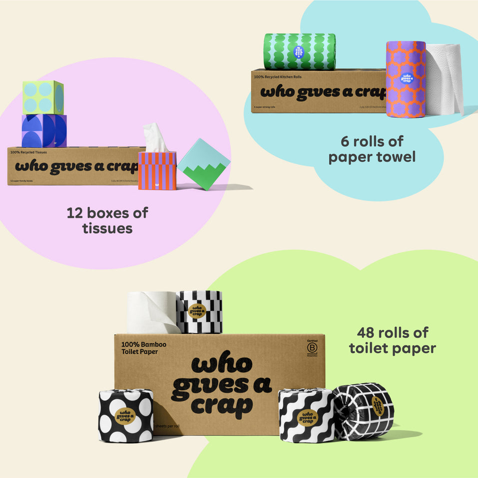 Visualisation of bundle inclusions calling out the bundle comes with 24 rolls of toilet paper, 6 rolls of paper towel and 12 boxes of tissues. 