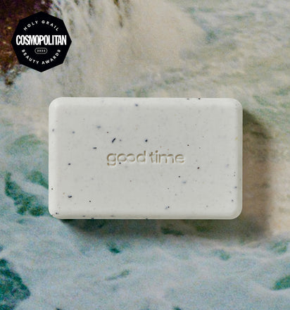 White Good Time exfoliating body bar with a “Cosmopolitan 2023 Holy Grail Beauty Award” badge