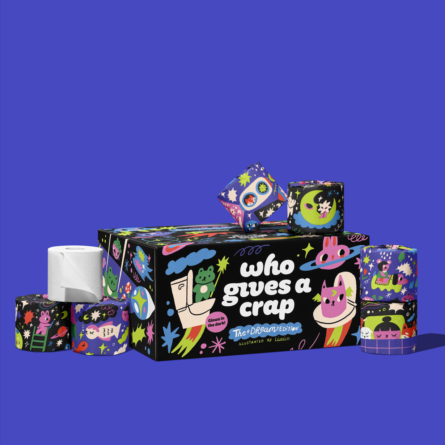 The Dream Limited Edition, a box of 24 eco-friendly toilet paper rolls with colourfully illustrated wrappers.