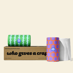 Box of six Who Gives a Crap kitchen roll with two rolls wrapped in colourful packaging sitting on top.