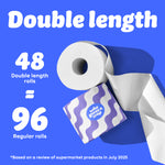 Graphic with blue background showing a toilet paper roll and purple wave Who Gives A Crap packaging. Text reads: “48 Double length rolls = 96 Regular Rolls.” Small text at the bottom says: “Based on a review of supermarket products in July 2025”