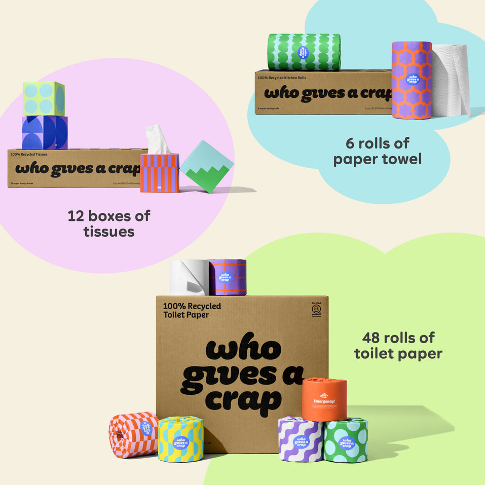 Visualisation of bundle inclusions calling out the bundle comes with 48 rolls of toilet paper, 6 rolls of paper towel and 12 boxes of tissues. 