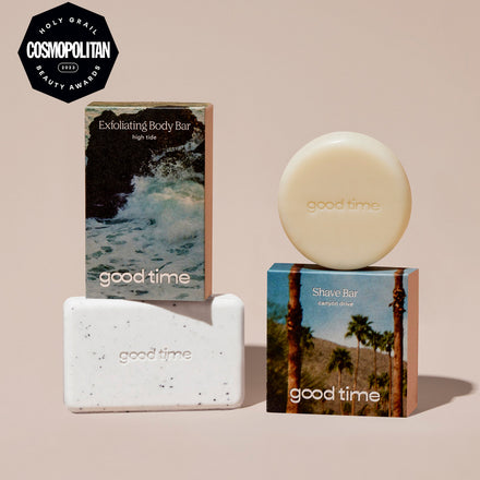 Naked Good Time Exfoliating Body bar and Shave Bar are displayed next to their packaging with a Cosmopolitan Holy Grail Beauty award.