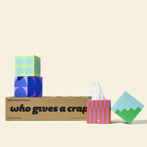 A box of Who Gives A Crap 100% Recycled  tissues with colourful packaging - eco-friendly and sustainable tissues paper