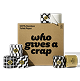 A large box of Who Gives A Crap 100% Bamboo Toilet Paper with black and white wrappers - eco-friendly, biodegradable and sustainable toilet paper 