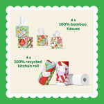 What's in the Perfect Pair: 4 x 100% bamboo tissues and 4 x 100% recycled kitchen rolls in festive wrappers, on a cream background with a scalloped white frame.