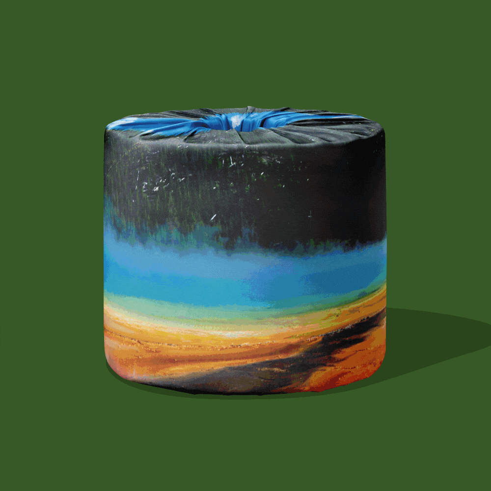 A toilet roll wrapped in a Grand Prismatic Spring geothermal design (rings of blue, teal and orange) on a forest-green background, animated.